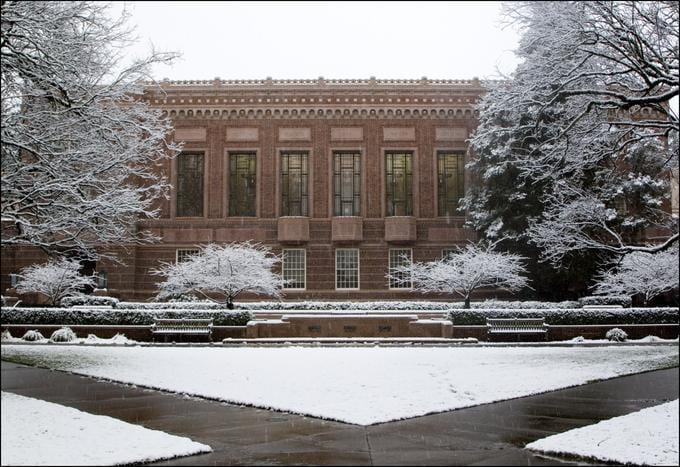 Knight Library from the North entrance covered in snow
